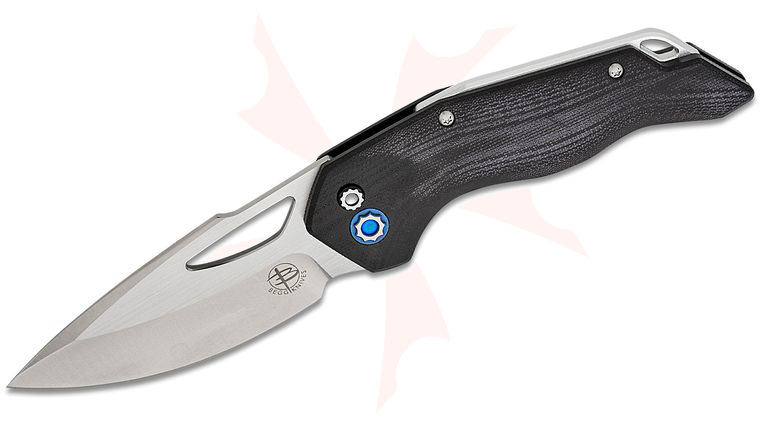 Begg Knives BG058 Steelcraft Series Rod Olson/JVO Galaxy Button Lock Folding Knife 3.25 inch VG-10 Satin Harpoon Blade, Machined Black G10 Handles