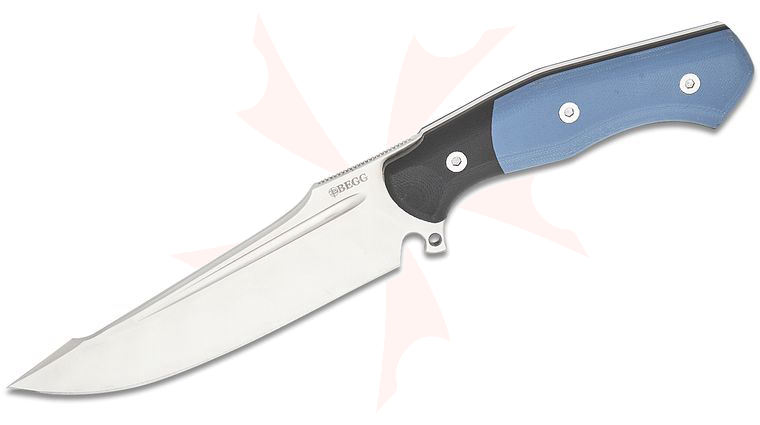 Begg Knives BG051 Steelcraft Series Cronos Alligator Fixed Blade Knife 6.375 inch Sandvik 14C28N Satin Harpoon Clip Point Blade, Contoured Blue and Black G10 Handles, Boltaron Sheath