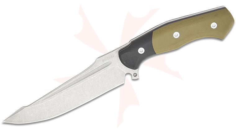 Begg Knives BG050 Steelcraft Series Cronos Alligator Fixed Blade Knife 6.375 inch Sandvik 14C28N Tumbled Harpoon Clip Point Blade, Contoured Green and Black G10 Handles, Boltaron Sheath