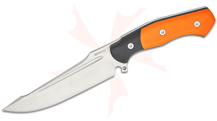Begg Knives BG049 Steelcraft Series Cronos Alligator Fixed Blade Knife 6.375 inch Sandvik 14C28N Satin Harpoon Clip Point Blade, Contoured Orange and Black G10 Handles, Boltaron Sheath