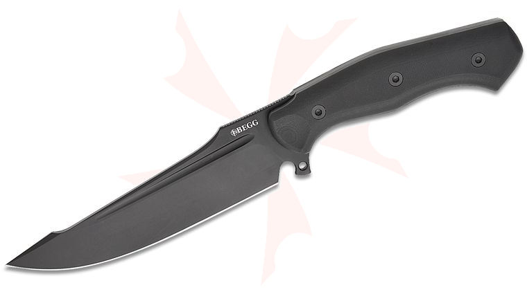 Begg Knives BG047 Steelcraft Series Cronos Alligator Fixed Blade Knife 6.375 inch Sandvik 14C28N Black PVD Harpoon Clip Point Blade, Contoured Black G10 Handles, Boltaron Sheath