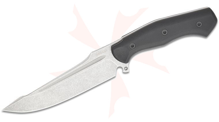 Begg Knives BG048 Steelcraft Series Cronos Alligator Fixed Blade Knife 6.375 inch Sandvik 14C28N Tumbled Harpoon Clip Point Blade, Contoured Black G10 Handles, Boltaron Sheath