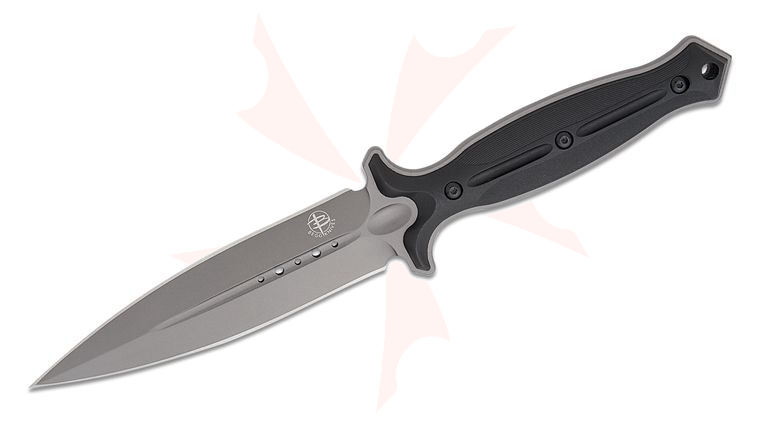 Begg Knives BG028 Steelcraft Series Filoso Dagger Fixed Blade Knife 6 inch 1095 Gray PVD Double Edge Dagger Blade, Milled Black Injection Molded Handles, Boltaron Sheath