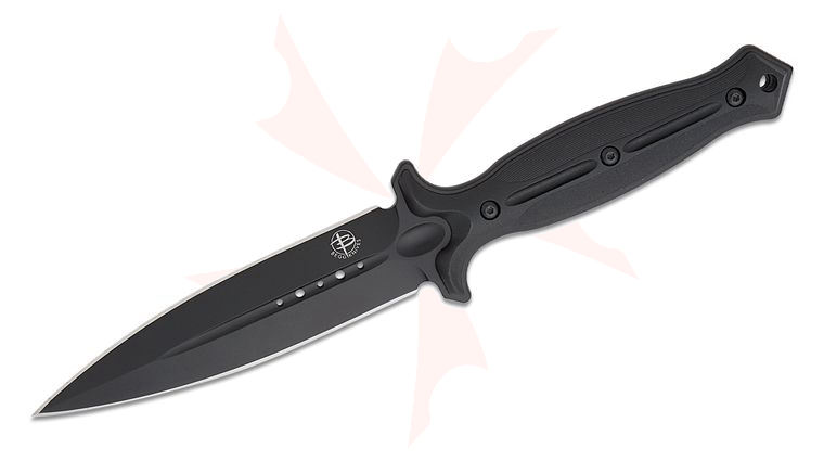 Begg Knives BG026 Steelcraft Series Filoso Dagger Fixed Blade Knife 6 inch 1095 Black PVD Double Edge Dagger Blade, Milled Black Injection Molded Handles, Boltaron Sheath