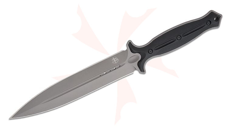 Begg Knives BG029 Steelcraft Series Filoso Dagger Fixed Blade Knife 8 inch 1095 Gray PVD Double Edge Dagger Blade, Milled Black Injection Molded Handles, Boltaron Sheath