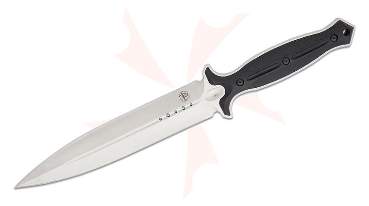Begg Knives BG031 Steelcraft Series Filoso Dagger Fixed Blade Knife 8 inch AUS-10 Satin Double Edge Dagger Blade, Milled Black Injection Molded Handles, Boltaron Sheath