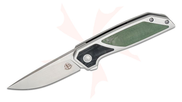 Begg Knives BG014 Steelcraft Series JVO Diamici EDC Flipper Knife 3 inch D2 Satin Drop Point Blade, Stainless Steel Handles with Green and Black G10 Inlays