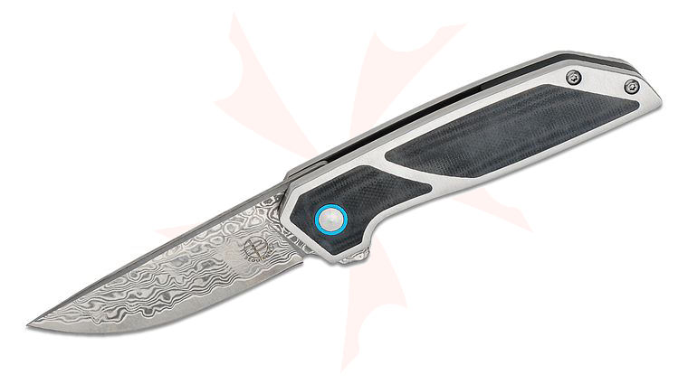 Begg Knives BG015 Steelcraft Series JVO Diamici EDC Flipper Knife 3 inch  Damascus Drop Point Blade, Stainless Steel Handles with Black G10 Inlays