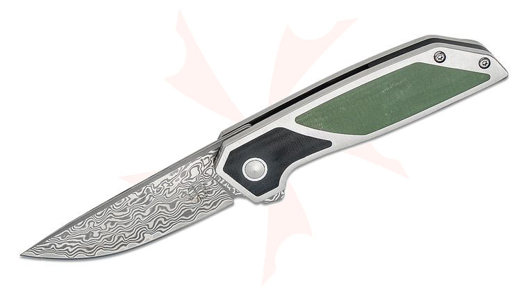 Begg Knives BG015M Steelcraft Series JVO Diamici EDC Flipper Knife 3 inch  Damascus Drop Point Blade, Stainless Steel Handles with Green and Black G10 Inlays