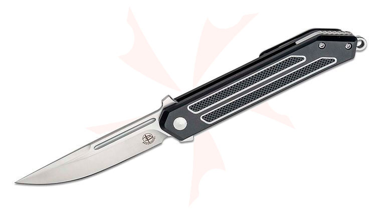 Begg Knives BG016 Steelcraft Series Kwaiken EDC Flipper Knife 3.5 inch D2 Satin Trailing Point Blade, Machined Black Aluminum Handles