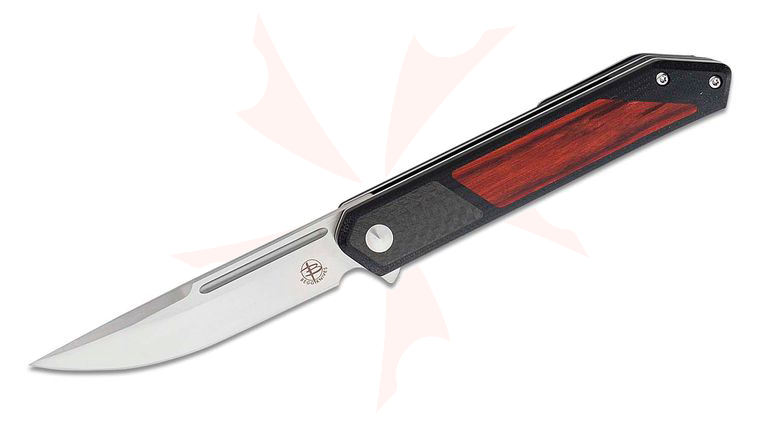 Begg Knives BG017 Steelcraft Series Kwaiken EDC Flipper Knife 3.5 inch D2 Satin Trailing Point Blade, Machined Black G10 Handles with Carbon Fiber and Rose Dyed Birch Inlays