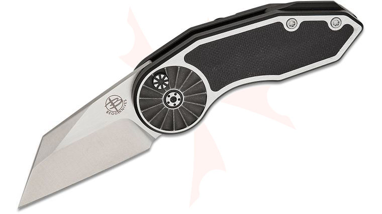 Begg Knives BG061 Steelcraft Series Rod Olson/JVO Microburst Button Lock Flipper Knife 2.25 inch VG-10 Satin Wharncliffe Blade, Machined Black Aluminum Handles with Satin Flats and Black G10 Inlays