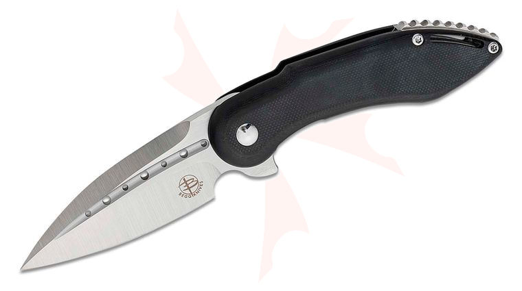 Begg Knives BG005 Steelcraft Series Mini Glimpse EDC Flipper Knife 3 inch D2 Satin Drop Point Fluted Blade, Contoured Black G10 Handles