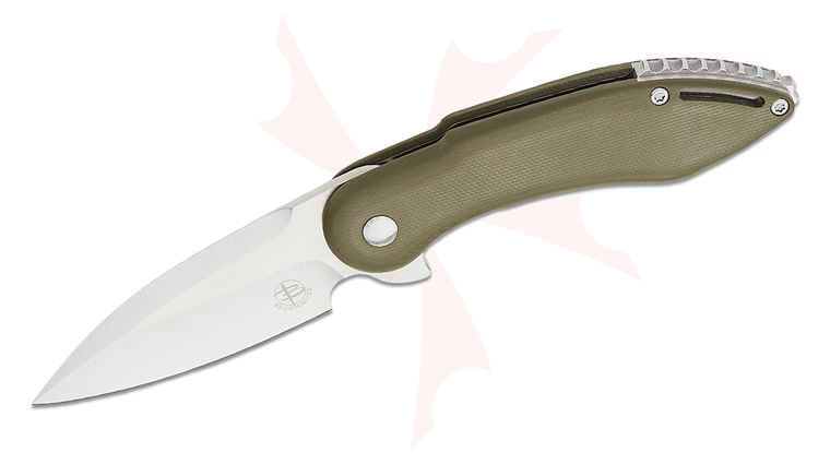 Begg Knives BG003 Steelcraft Series Mini Glimpse EDC Flipper Knife 3 inch D2 Satin Drop Point Blade, Contoured OD Green G10 Handles