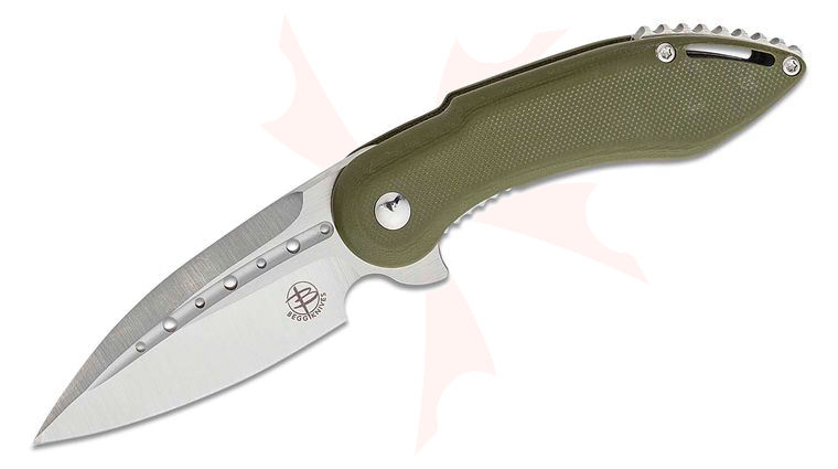 Begg Knives BG006 Steelcraft Series Mini Glimpse EDC Flipper Knife 3 inch D2 Satin Drop Point Fluted Blade, Contoured OD Green G10 Handles