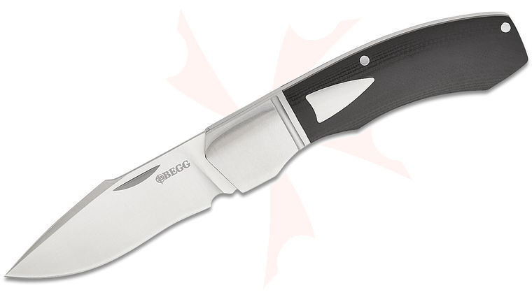 Begg Knives BG038 Steelcraft Series JVO Traditional Recurve Large Slipjoint Folding Pocket Knife 2.875 inch 14C28N Satin Recurve Harpoon Blade, Black G10 Handles with Stainless Steel Bolsters and Shield