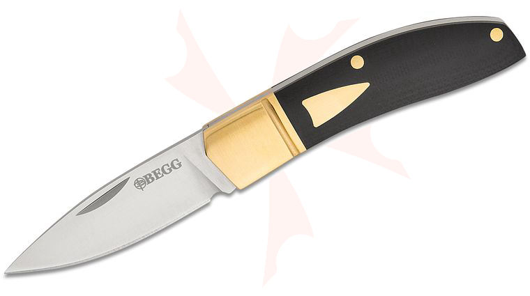 Begg Knives BG045 Steelcraft Series JVO Traditional Drop Point Small Slipjoint Folding Pocket Knife 2.375 inch 14C28N Satin Drop Point Blade, Black G10 Handles with Brass Bolsters and Shield