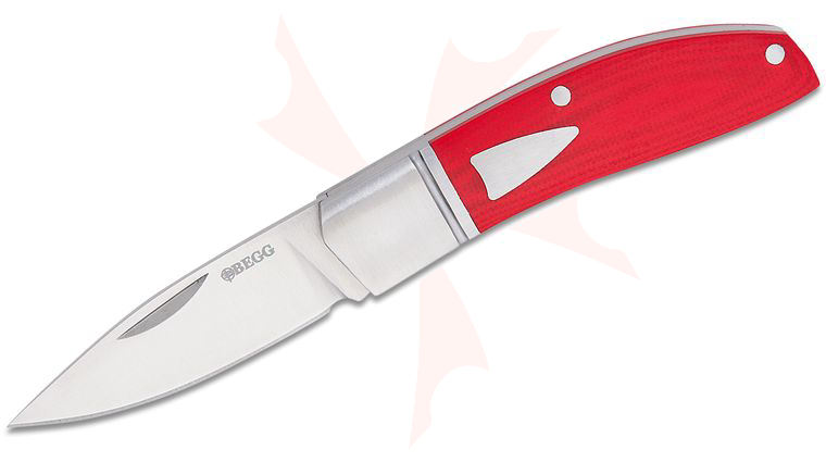 Begg Knives BG044 Steelcraft Series JVO Traditional Drop Point Small Slipjoint Folding Pocket Knife 2.375 inch 14C28N Satin Drop Point Blade, Red G10 Handles with Stainless Steel Bolsters and Shield