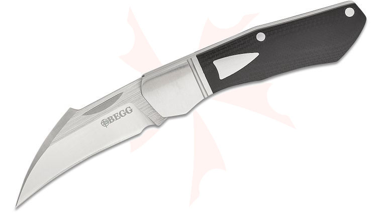 Begg Knives BG041 Steelcraft Series JVO Traditional Hawk Small Slipjoint Folding Pocket Knife 2.375 inch 14C28N Satin Hawkbill Blade, Black G10 Handles with Stainless Steel Bolsters and Shield
