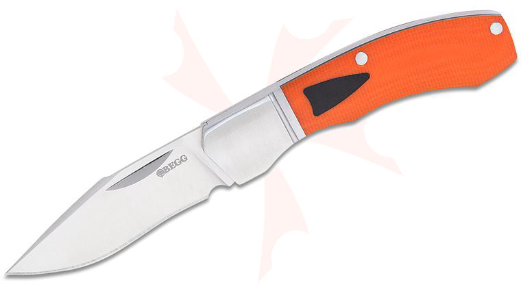 Begg Knives BG042 Steelcraft Series JVO Traditional Recurve Hunter Small Slipjoint Folding Pocket Knife 2.125 inch 14C28N Satin Recurve Harpoon Blade, Orange G10 Handles with Stainless Steel Bolsters and Black G10 Shield