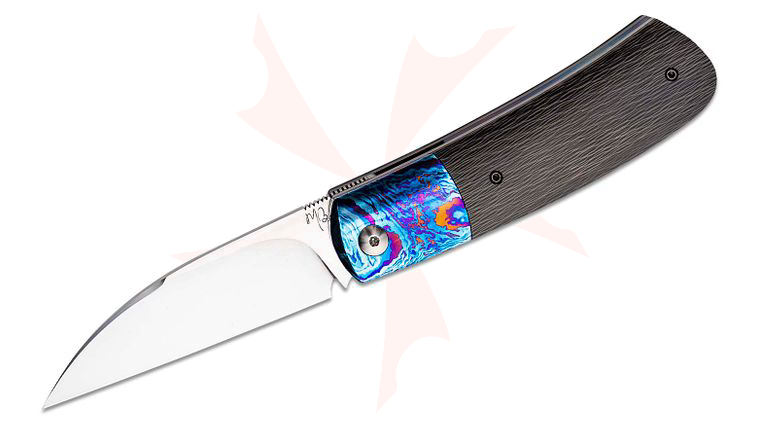 Maxime Belzunce Knives Custom SWAYBACK Front Flipper Knife 3.5 inch Hand Rubbed RWL-34 Wharncliffe Blade, Sidecut Carbon Fiber Handles with Timascus Bolsters and Spacer