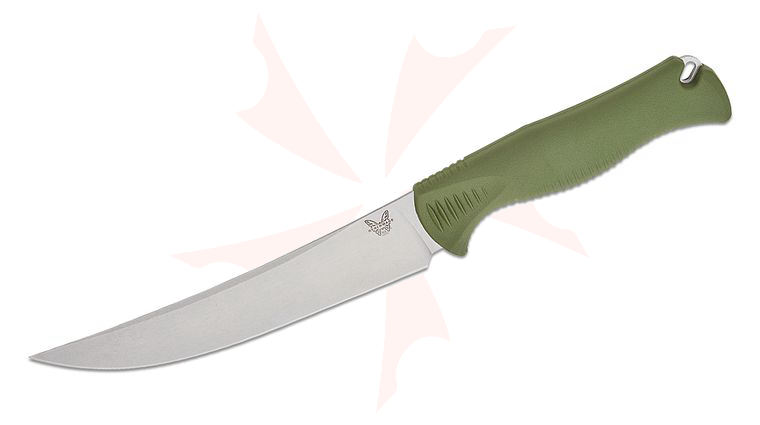 Benchmade Hunt Meatcrafter Fixed Blade Knife 6.09 inch CPM-154 Stonewashed Trailing Point Blade, Dark Olive Santoprene Handles, Boltaron Sheath