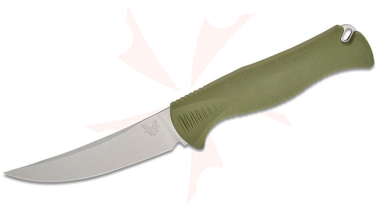 Benchmade Hunt Meatcrafter Fixed Blade Knife 4.01 inch CPM-154 Stonewashed Trailing Point Blade, Dark Olive Santoprene Handles, Boltaron Sheath