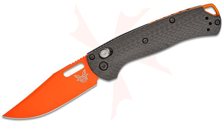 Benchmade Hunt Mini Taggedout AXIS Folding Knife 3.04 inch CPM-MagnaCut Orange Cerakote Clip Point Blade, Carbon Fiber Handles