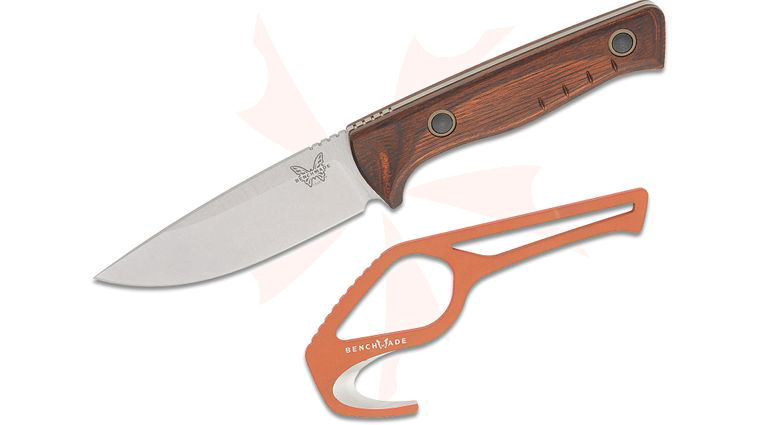 Benchmade Hunt SlipRidge Fixed Blade Knife and Hook Cutter Kit 3.7 inch MagnaCut Stonewashed Drop Point Blade, Dark Brown Stabilized Wood Handles, 440C Orange Hook Cutter, OD Green Boltaron Sheath