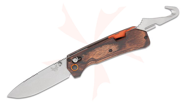 Benchmade Hunt Grizzly Creek Folding Knife 3.49 inch S30V Satin Drop Point Blade with Folding Gut Hook, Stabilized Wood Handles