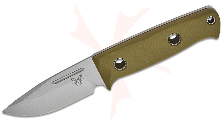 Benchmade Shane Sibert Mini Bushcrafter Fixed Blade Knife 3.3823 inch CPM-S30V Satin Drop Point Blade, Green G10 Handles with Red Spacers, Leather Sheath