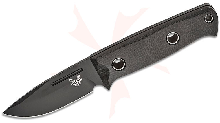 Benchmade Shane Sibert Mini Bushcrafter Fixed Blade Knife 3.38 inch CPM-CruWear Black Drop Point Blade, Carbon Fiber Handles with Red Spacers, Injection Molded Sheath