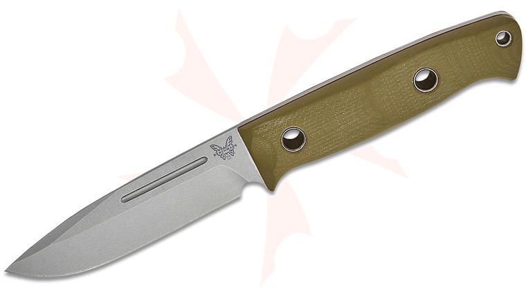 Benchmade Shane Sibert Bushcrafter Fixed Blade Knife 4.3837 inch CPM-S30V Satin Drop Point Blade, Green G10 Handles with Red Spacers, Leather Sheath