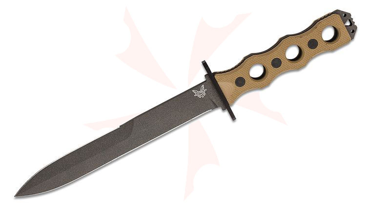 Benchmade 185BK-1 SOCP Fixed Blade Knife 7.11 inch CPM-3V Black Double Edge Plain Dagger Blade, Desert Tan G10 Handles, Injection Molded Sheath
