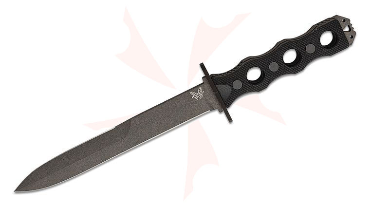 Benchmade 185BK SOCP Fixed Blade Knife 7.11 inch CPM-3V Black Double Edge Plain Dagger Blade, Black G10 Handles, Injection Molded Sheath