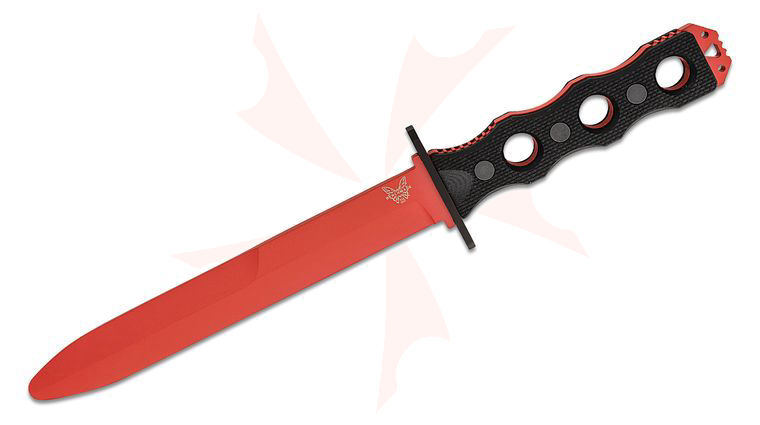 Benchmade 185T SOCP Trainer Fixed Blade, 7.11 inch 440C Red Unsharpened Dagger Blade, Black G10 Handles, Injection Molded Sheath