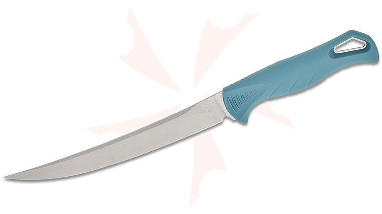 Benchmade Water Fishcrafter Fixed Blade Knife 7 inch CPM-MagnaCut Stonewashed Trailing Point Blade, Depth Blue Santoprene Handle, Sonar Gray Injection Molded Sheath