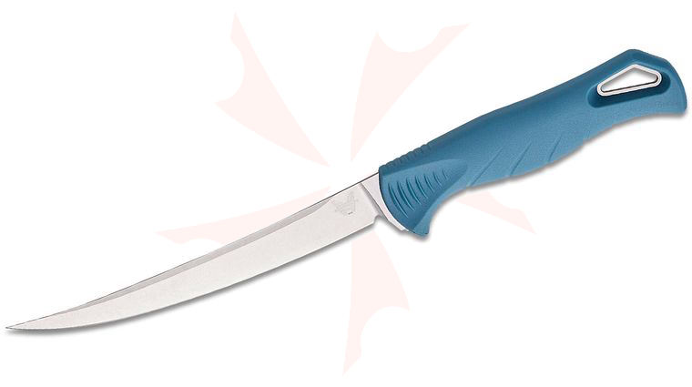 Benchmade Water Fishcrafter Fixed Blade Knife 5.97 inch CPM-MagnaCut Stonewashed Trailing Point Blade, Depth Blue Santoprene Handle, Sonar Gray Injection Molded Sheath