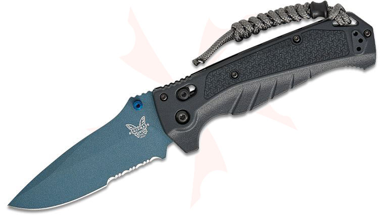 Benchmade Water Adira AXIS Folding Knife 3.88 inch CPM-MagnaCut Blue Cerakote Drop Point Combo Blade, Tempest Gray Grivory Handles