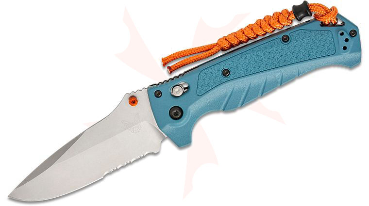 Benchmade Water Adira AXIS Folding Knife 3.88 inch CPM-MagnaCut Stonewashed Drop Point Combo Blade, Depth Blue Grivory Handles, Reversible Deep Carry Clip