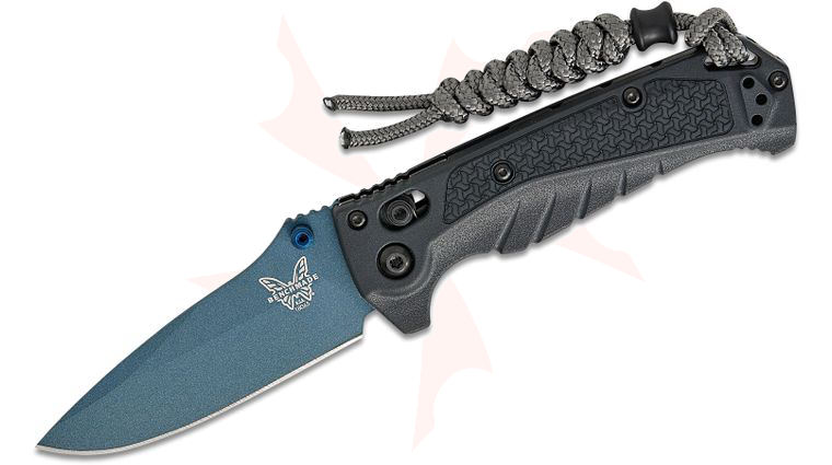 Benchmade Water Mini Adira Folding Knife 3.21 inch CPM-MagnaCut Blue Cerakote Drop Point Plain Blade, Tempest Gray Grivory Handles, Reversible Deep Carry Clip