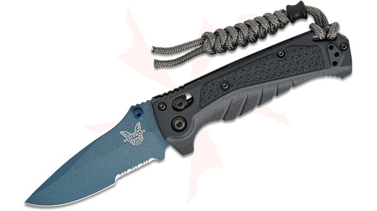 Benchmade Water Mini Adira Folding Knife 3.21 inch CPM-MagnaCut Blue Cerakote Drop Point Combo Blade, Tempest Gray Grivory Handles, Reversible Deep Carry Clip