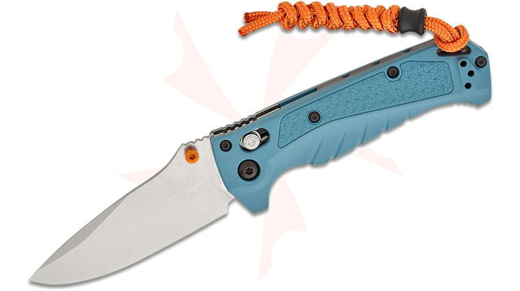 Benchmade Water Mini Adira Folding Knife 3.21 inch CPM-MagnaCut Stonewashed Drop Point Blade, Depth Blue Grivory Handles, Reversible Deep Carry Clip