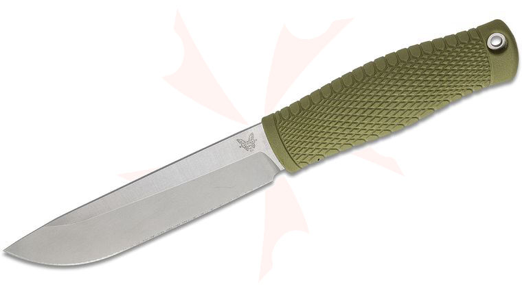 Benchmade Leuku Fixed Blade Bushcraft Knife 5.19 inch CPM-3V Satin Drop Point, Ranger Green Santoprene Handles, Leather Sheath