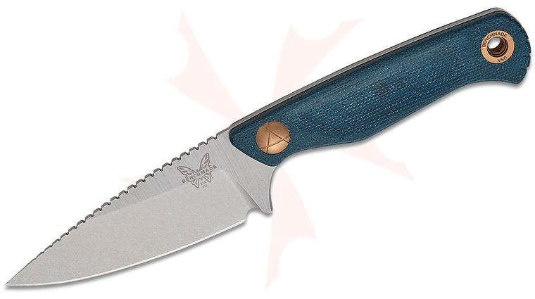 Benchmade Dacian Pocket Fixed Blade Knife 3.54 inch CPM-MagnaCut Satin Spear Point Blade, Blue Denim Micarta Handles, Leather Sheath