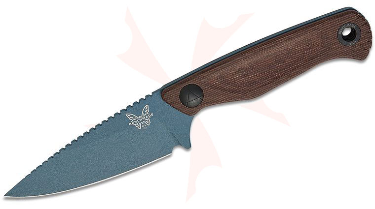 Benchmade Dacian Pocket Fixed Blade Knife 3.54 inch CPM-MagnaCut Blue Cerakote Drop Point Blade, Brown Canvas Micarta Handles, Leather Sheath