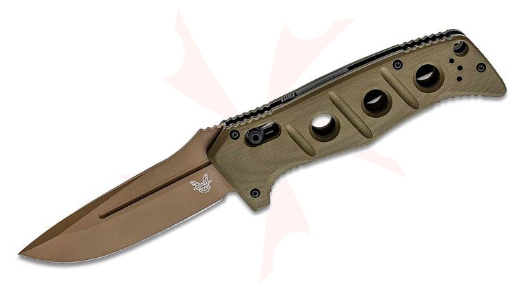 Benchmade 2750FE-2 Shane Sibert AUTO Adamas Folding Knife 3.78 inch CruWear Flat Dark Earth Plain Blade, OD Green G10 Handles, Ballistic Nylon Sheath