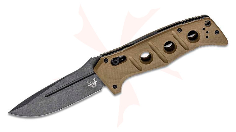Benchmade 2750GY-3 Shane Sibert AUTO Adamas Folding Knife 3.78 inch CruWear Tungsten Gray Plain Blade, Desert Tan G10 Handles, Ballistic Nylon Sheath
