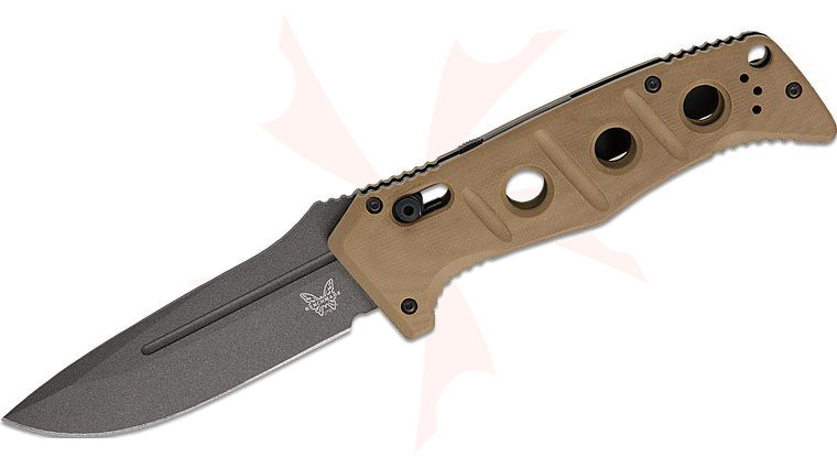 Benchmade 2750GY-05 Shane Sibert AUTO Adamas Folding Knife 3.78 inch MagnaCut Tungsten Gray Plain Drop Point Blade, Desert Tan G10 Handles, Ballistic Nylon Sheath