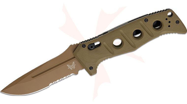 Benchmade 2750FE-04 Shane Sibert AUTO Adamas Folding Knife 3.78 inch MagnaCut Flat Dark Earth Combo Drop Point Blade, OD Green G10 Handles, Ballistic Nylon Sheath